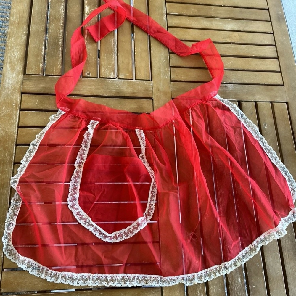 Red Sheer Lace Waist Apron Valentine Mid Century Sexy Costume Vintage 50s 60s